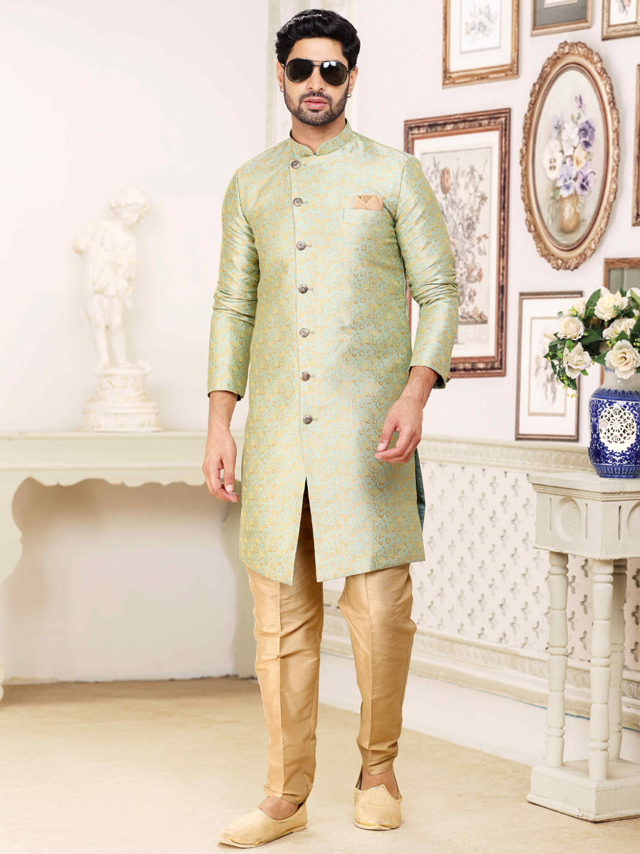 Pista Green Banarasi Jacquard Woven Wedding Party Sherwani