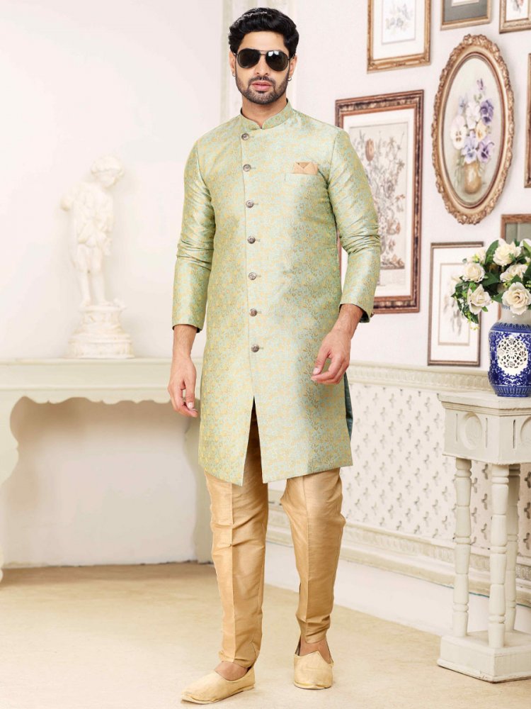 Pista Green Banarasi Jacquard Woven Wedding Party Sherwani