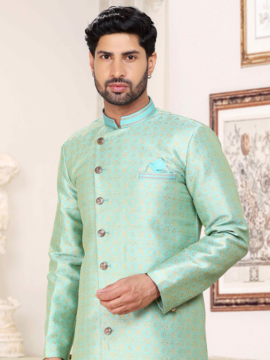 Pista Green Banarasi Jacquard Woven Wedding Party Sherwani