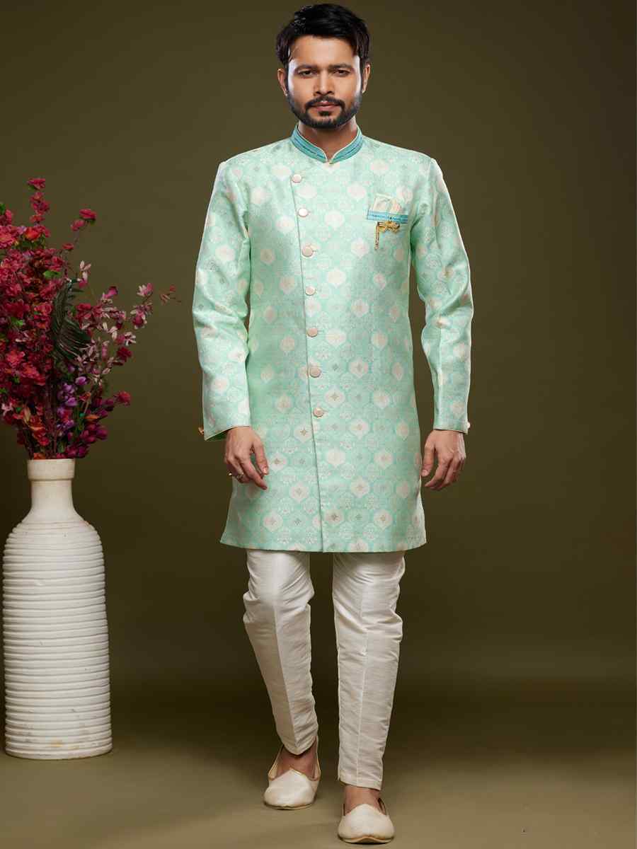 Pista Green Banarasi Jacquard Woven Wedding Party Sherwani