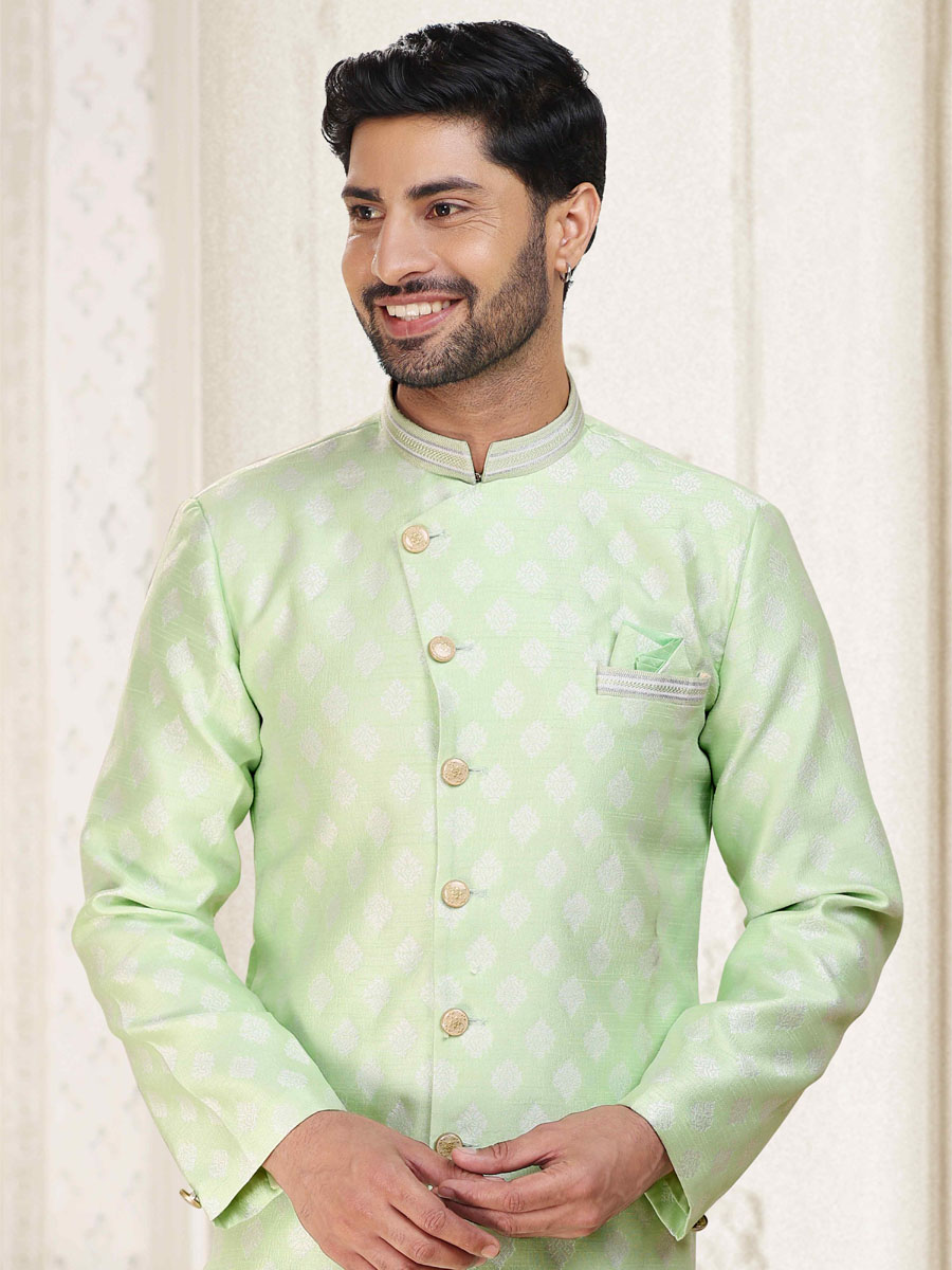 Pista Green Banarasi Jacquard Woven Wedding Party Sherwani