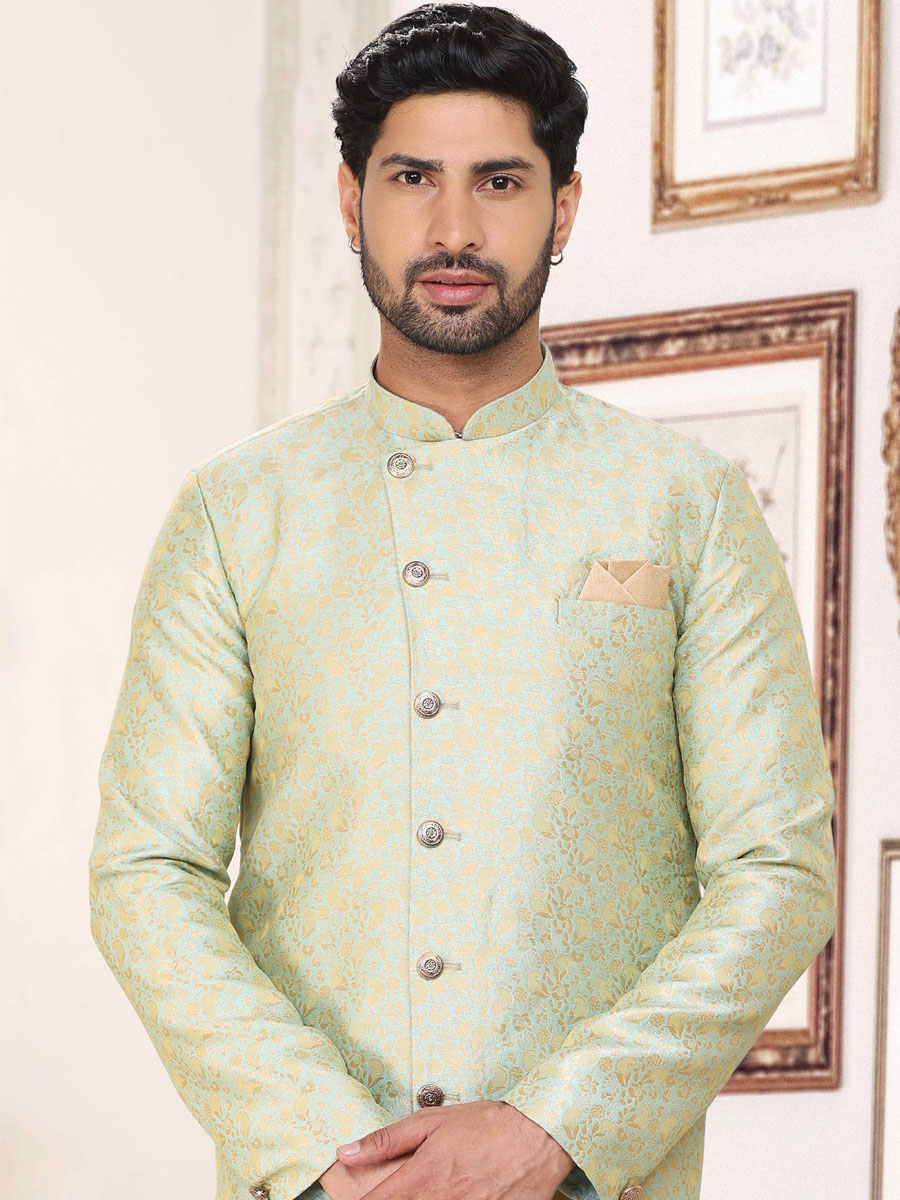 Pista Green Banarasi Jacquard Woven Wedding Party Sherwani