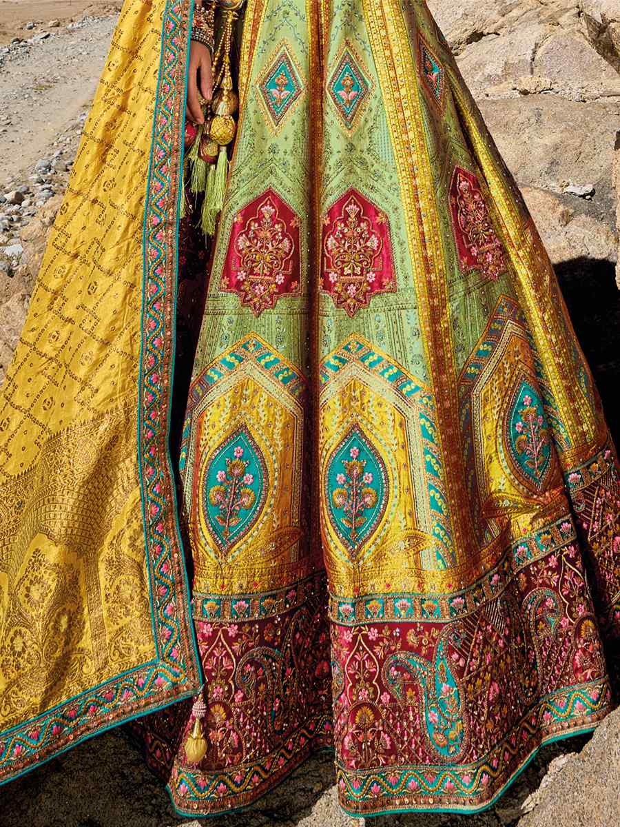 Pista Green Banarasi Silk Jacquard Embroidered Bridal Wedding Heavy Border Lehenga Choli