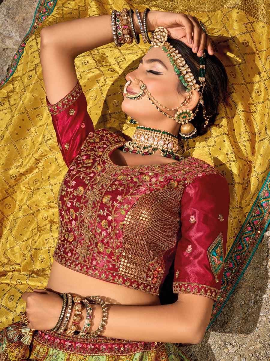 Pista Green Banarasi Silk Jacquard Embroidered Bridal Wedding Heavy Border Lehenga Choli