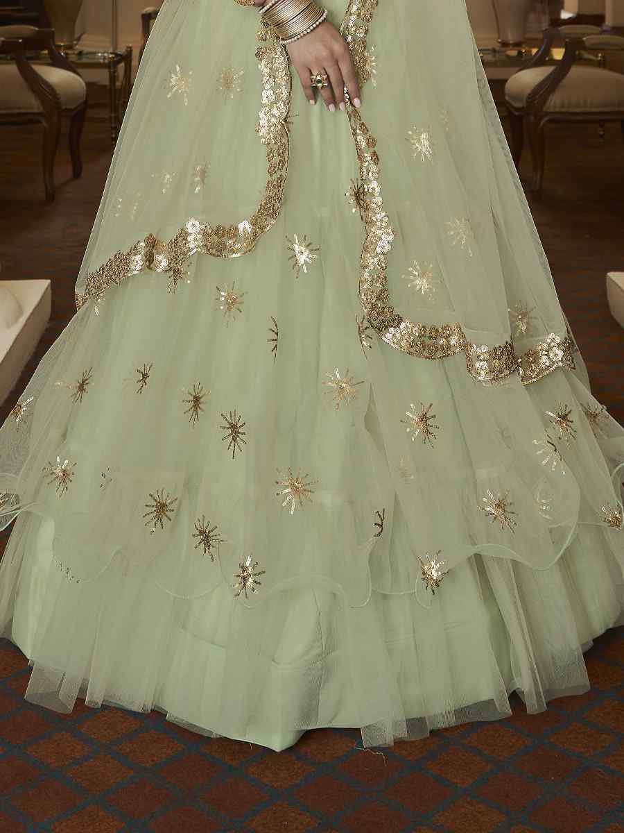 Pista Green Butterfly Net Embroidered Engagement Wedding Heavy Border Lehenga Choli