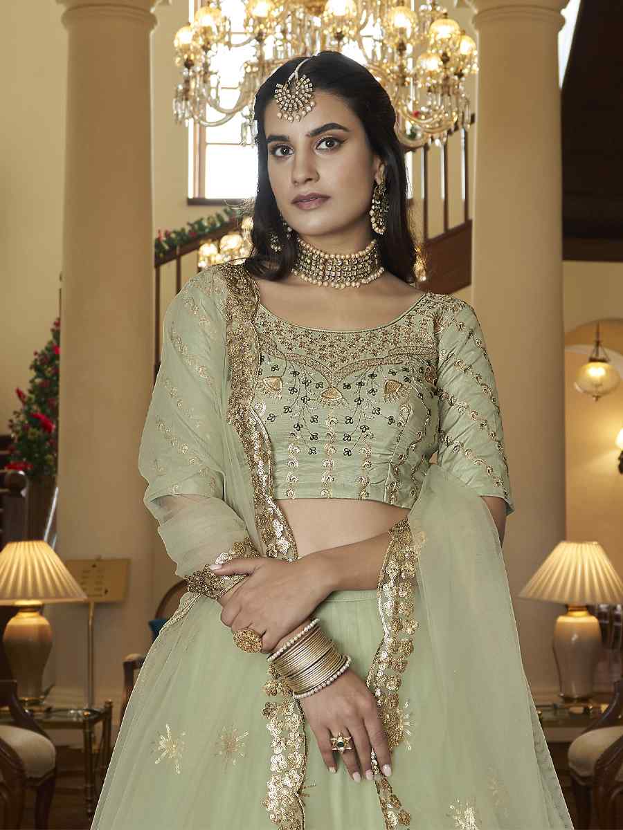 Pista Green Butterfly Net Embroidered Engagement Wedding Heavy Border Lehenga Choli