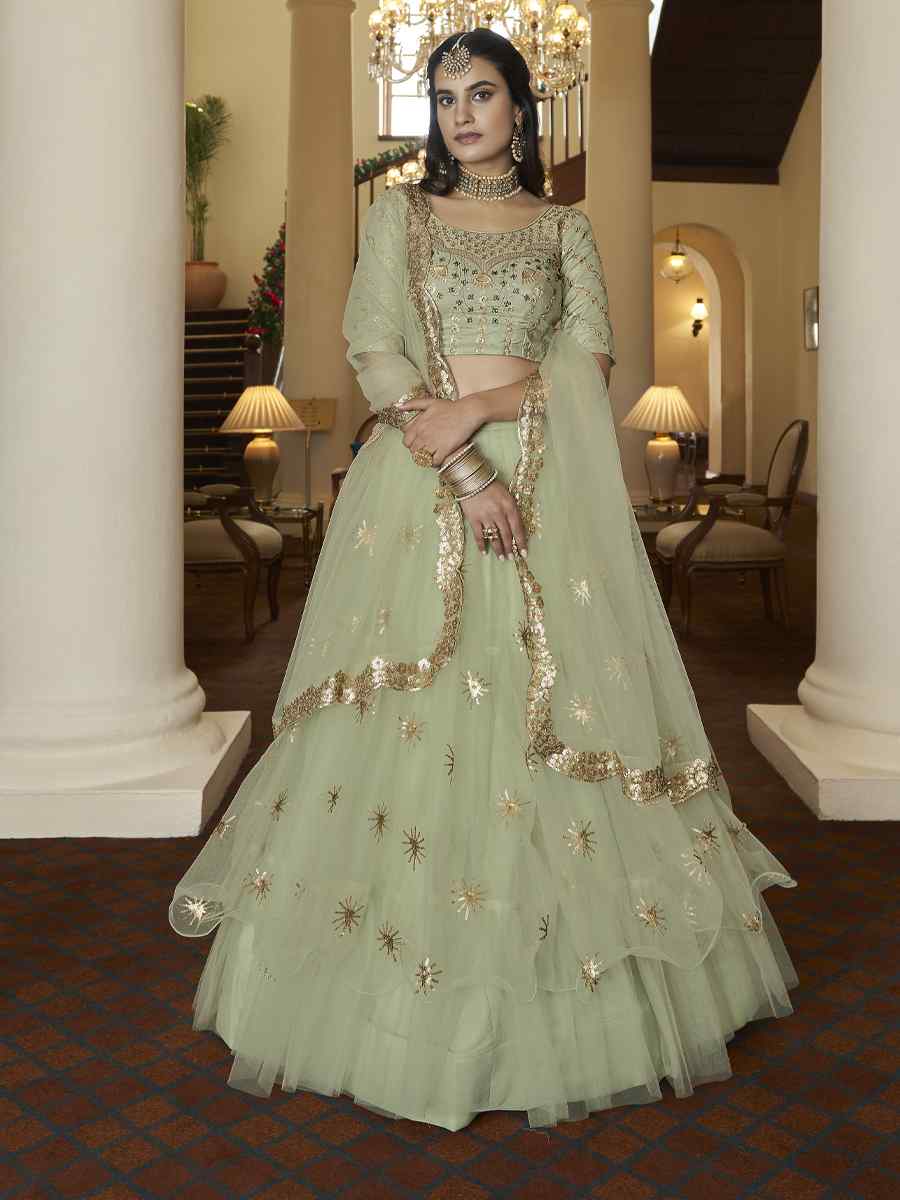 Pista Green Butterfly Net Embroidered Engagement Wedding Heavy Border Lehenga Choli