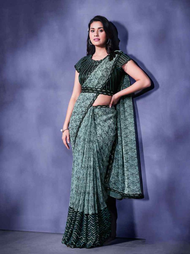 Pista Green Chiffon Lycra Embroidered Party Festival Classic Style Saree