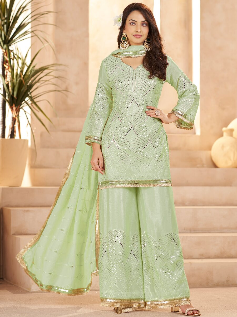 Pista Green Chinon Sequins Wedding Party Festival Casual Palazzo Pant Salwar Kameez
