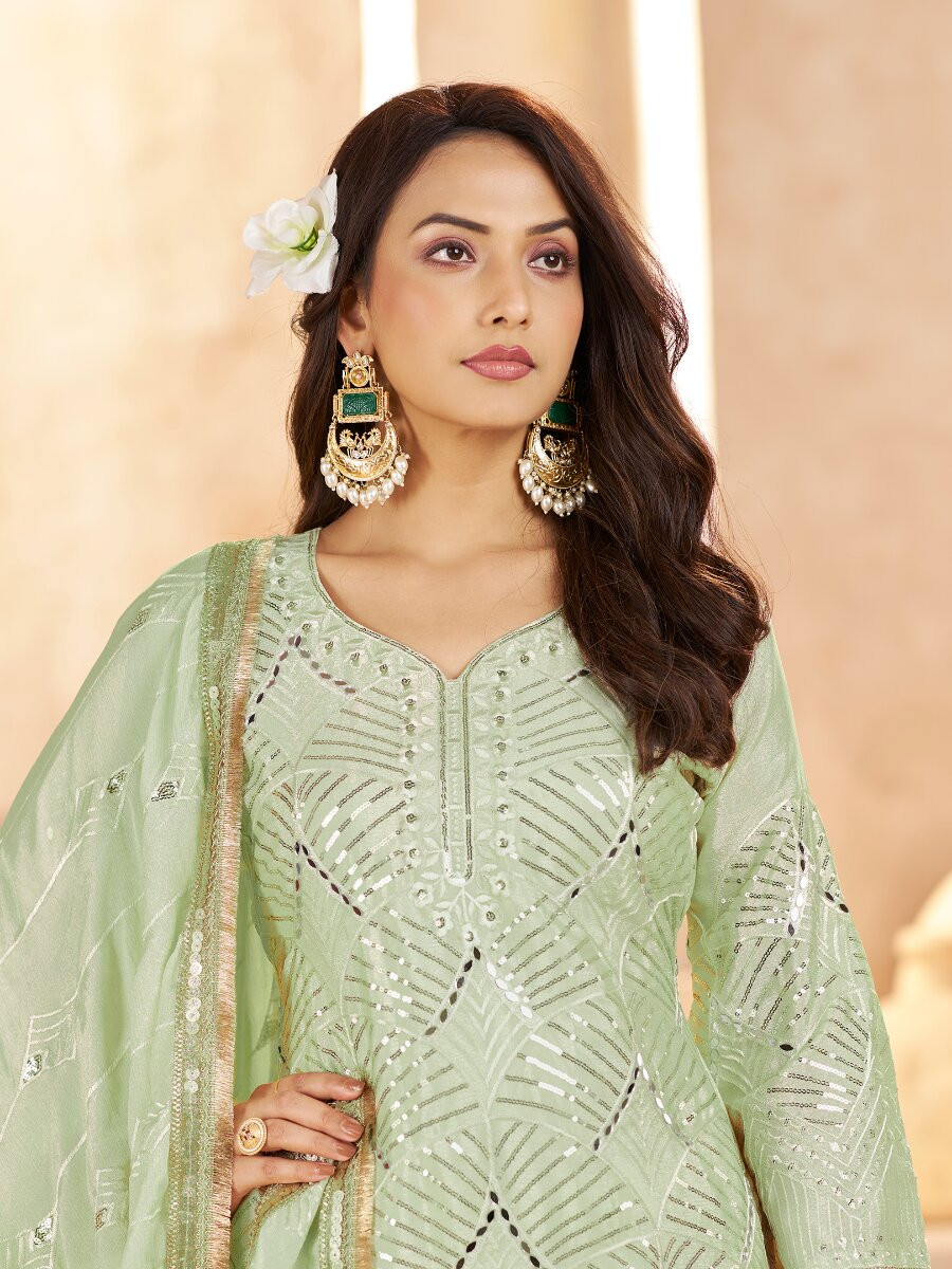 Pista Green Chinon Sequins Wedding Party Festival Casual Palazzo Pant Salwar Kameez