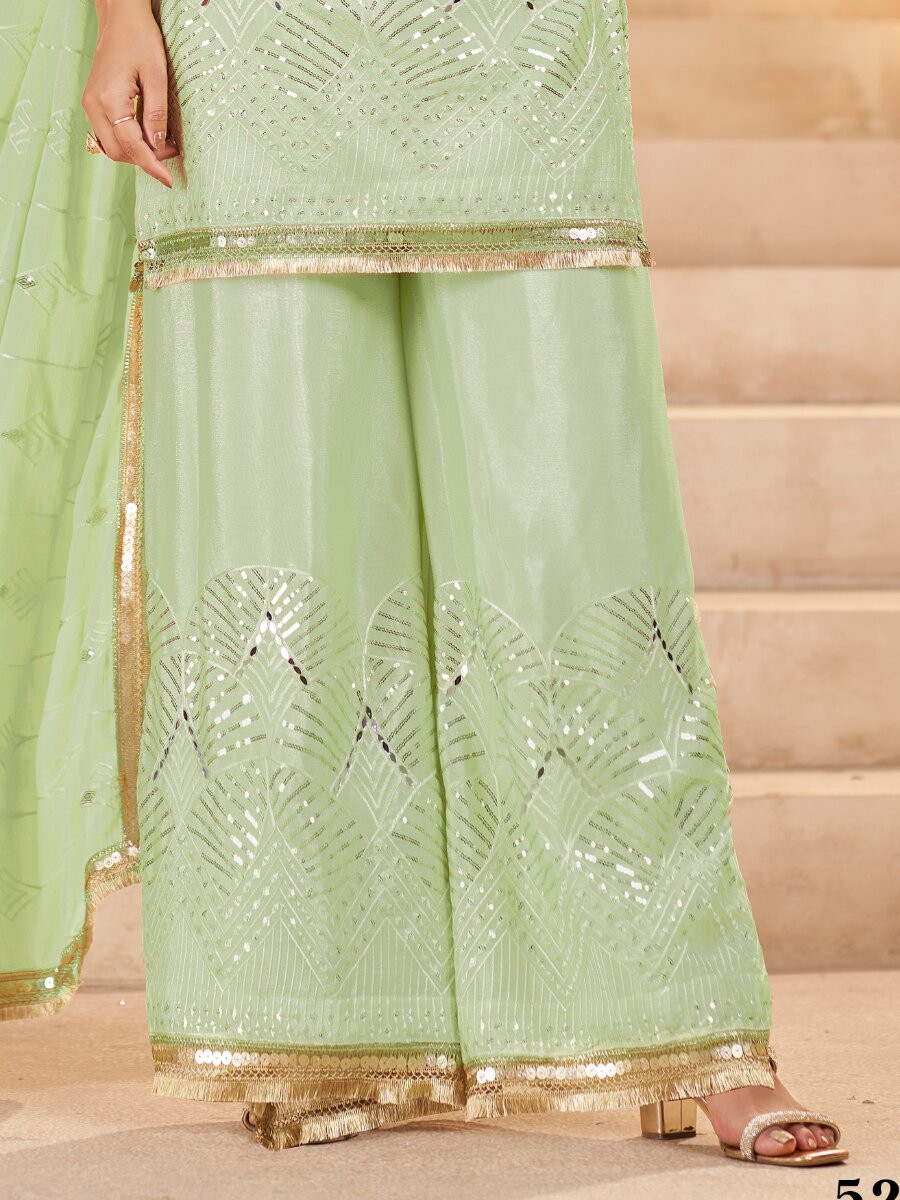 Pista Green Chinon Sequins Wedding Party Festival Casual Palazzo Pant Salwar Kameez