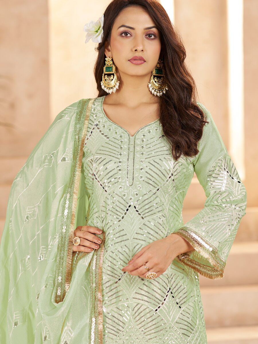 Pista Green Chinon Sequins Wedding Party Festival Casual Palazzo Pant Salwar Kameez