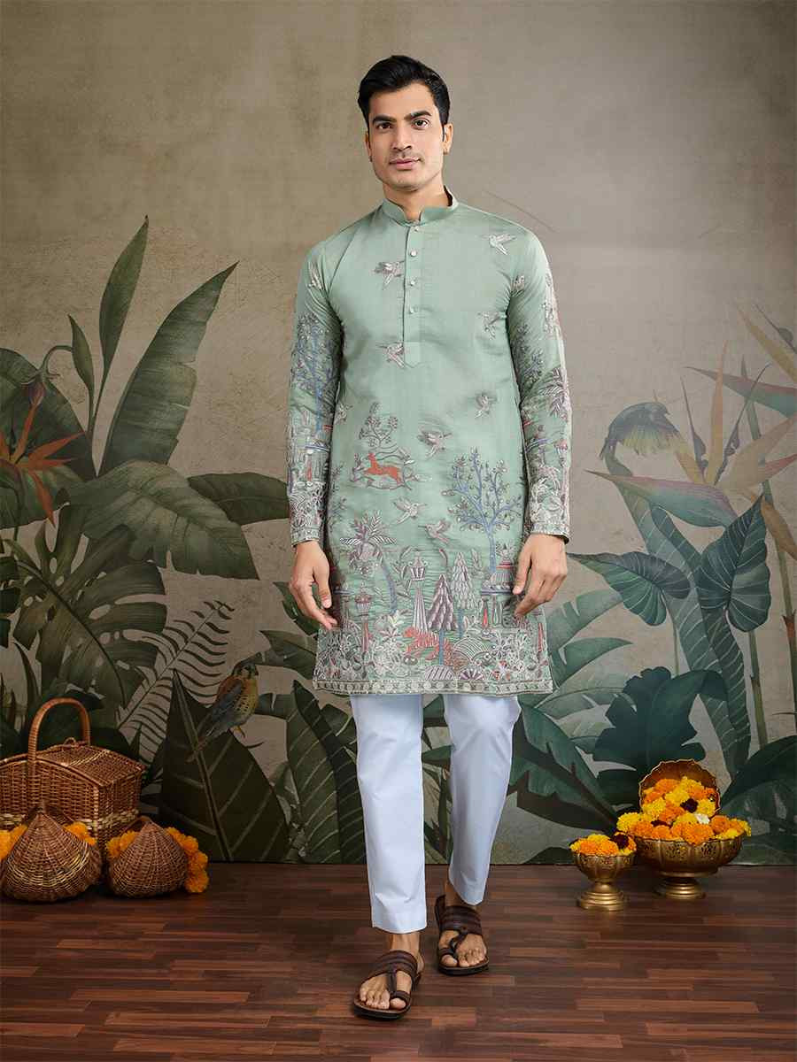 Pista Green Cotton Embroidered Festival Mehendi Kurta