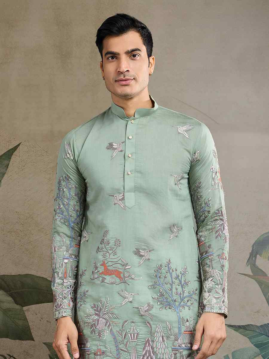 Pista Green Cotton Embroidered Festival Mehendi Kurta