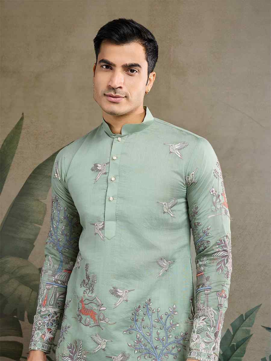 Pista Green Cotton Embroidered Festival Mehendi Kurta