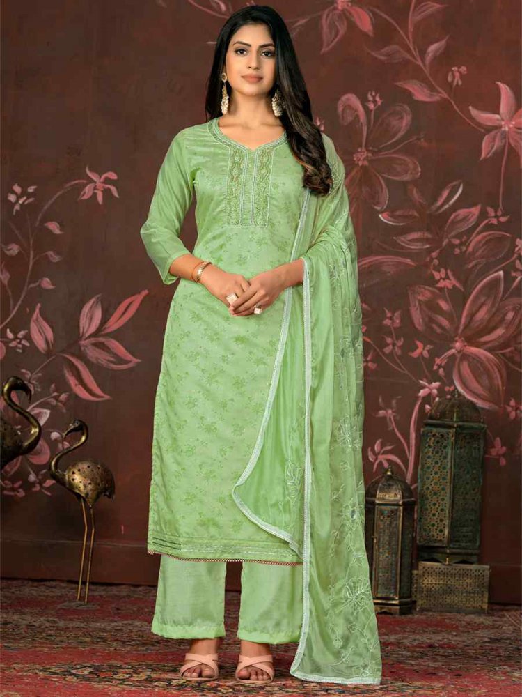 Pista Green Cotton Jacquard Embroidered Casual Festival Pant Salwar Kameez