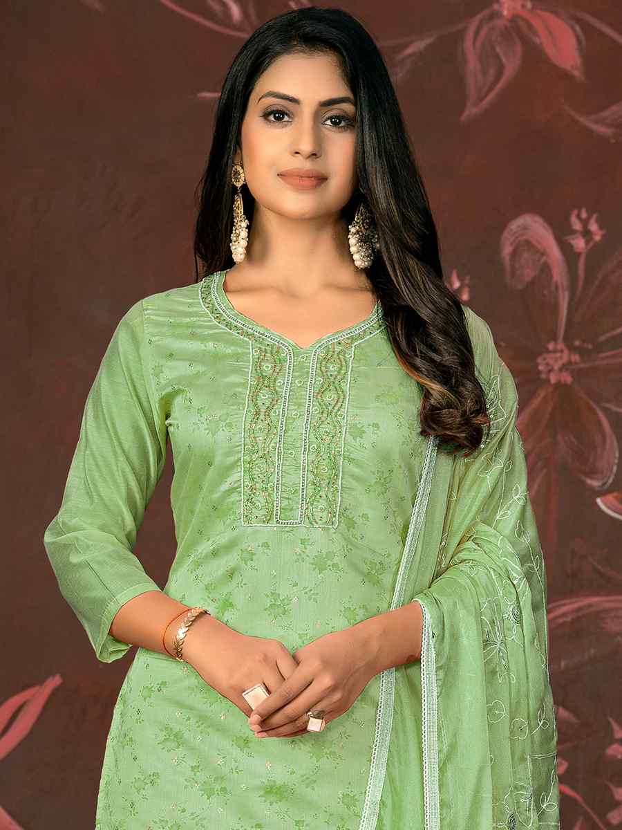 Pista Green Cotton Jacquard Embroidered Casual Festival Pant Salwar Kameez