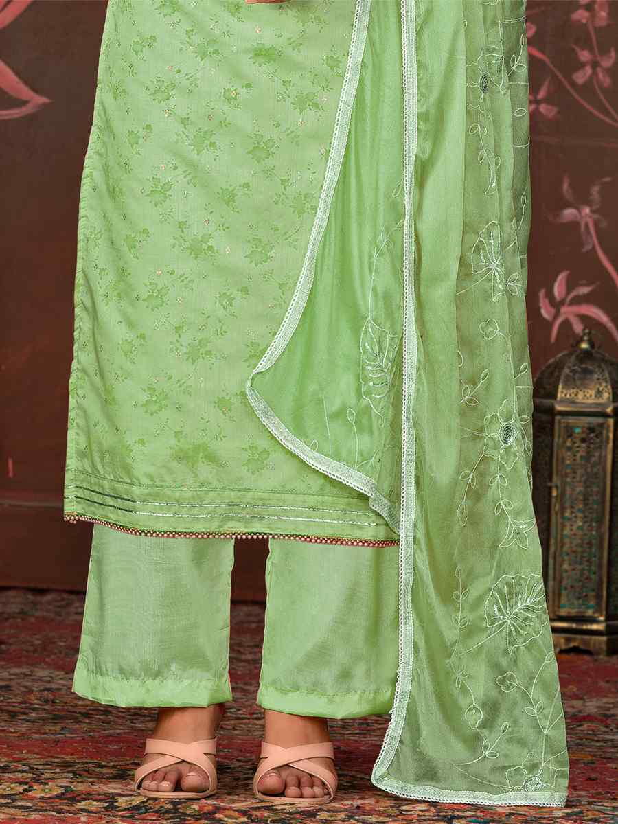 Pista Green Cotton Jacquard Embroidered Casual Festival Pant Salwar Kameez