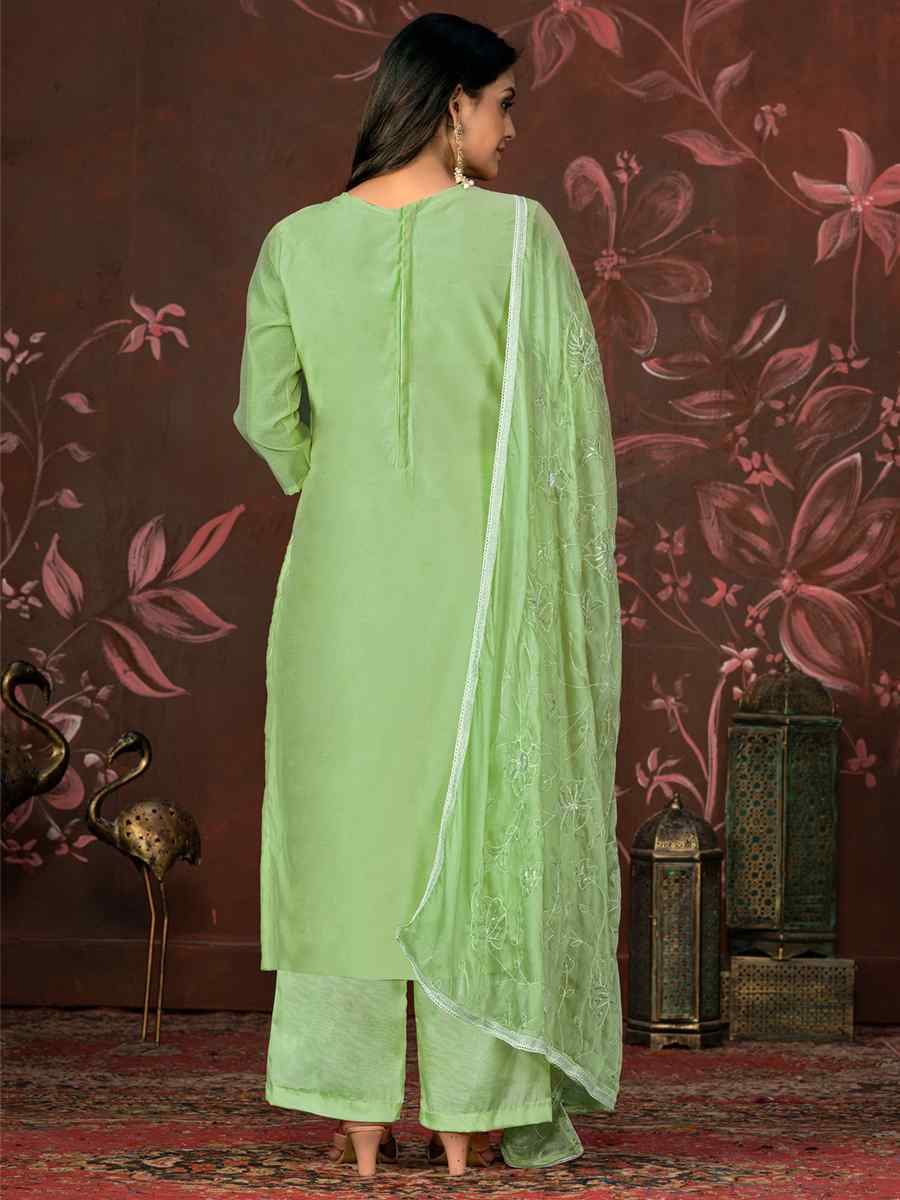Pista Green Cotton Jacquard Embroidered Casual Festival Pant Salwar Kameez