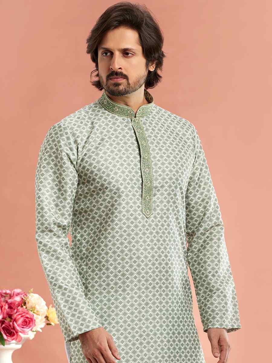 Pista Green Cotton Printed Festival Casual Kurta