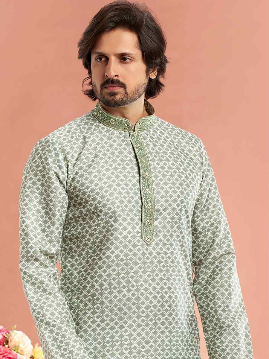 Pista Green Cotton Printed Festival Casual Kurta