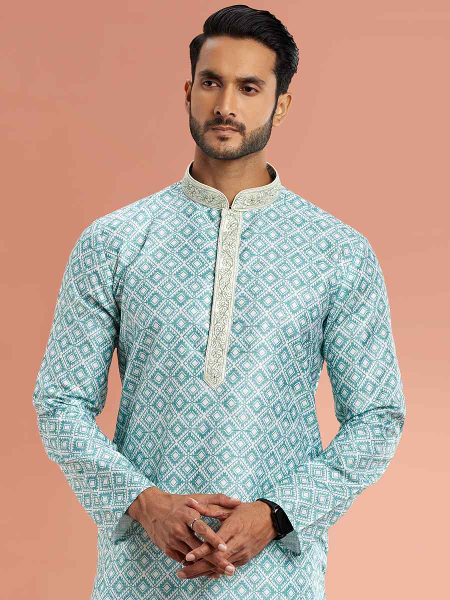Pista Green Cotton Printed Festival Casual Kurta
