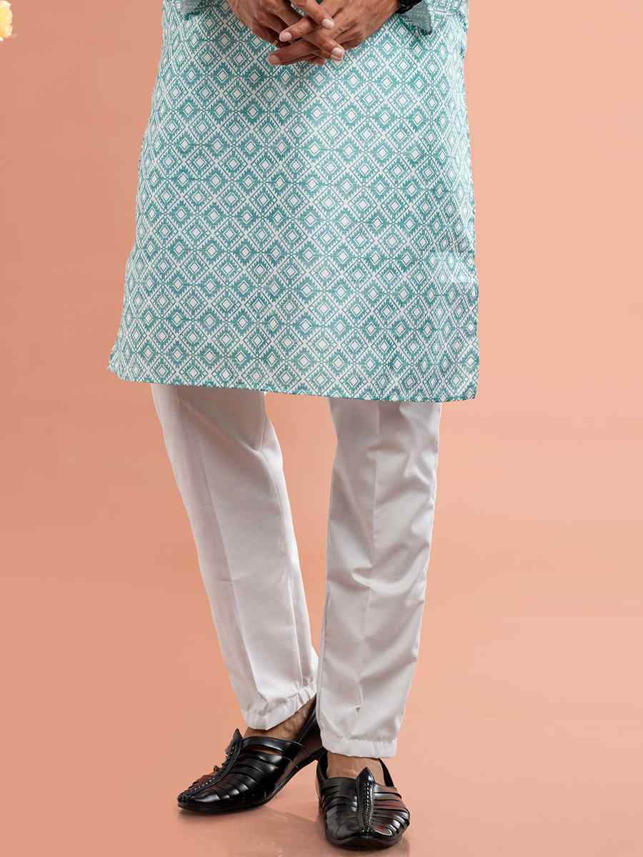 Pista Green Cotton Printed Festival Casual Kurta