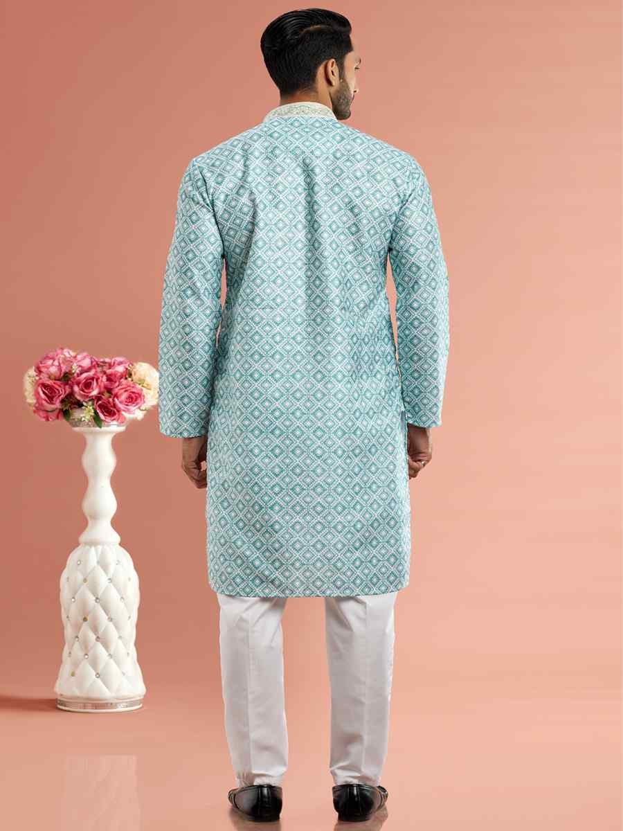 Pista Green Cotton Printed Festival Casual Kurta