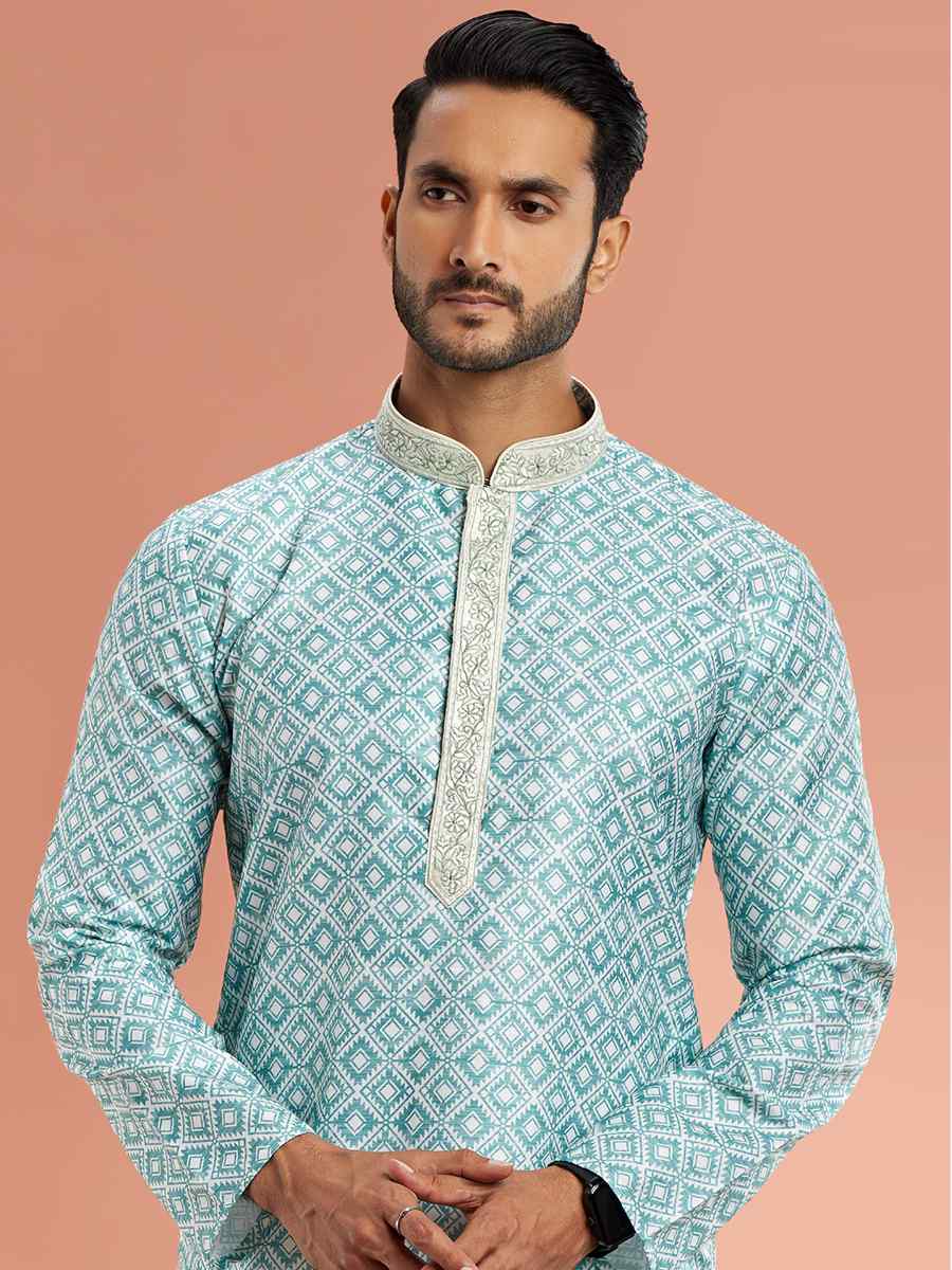 Pista Green Cotton Printed Festival Casual Kurta