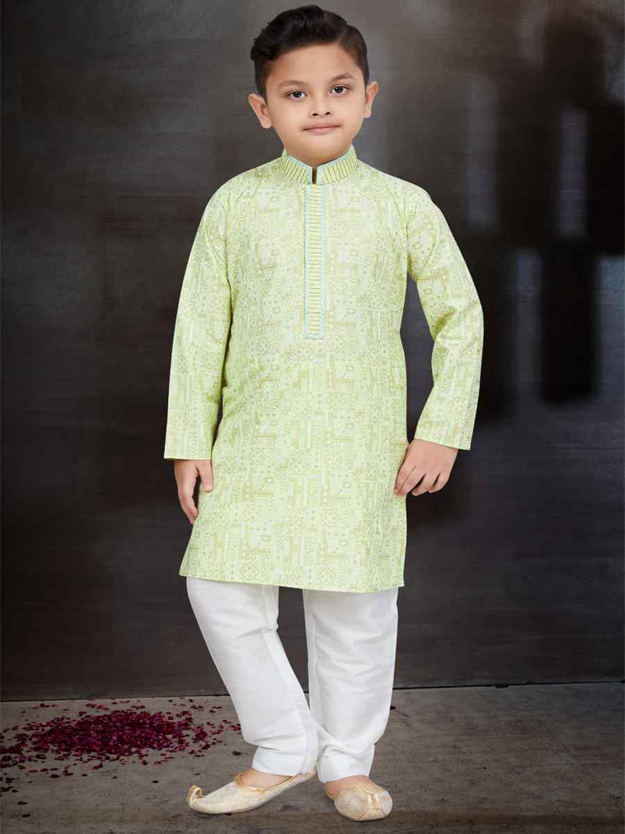 Pista Green Cotton Printed Festival Traditional Kurta Pyjama Boys Wear