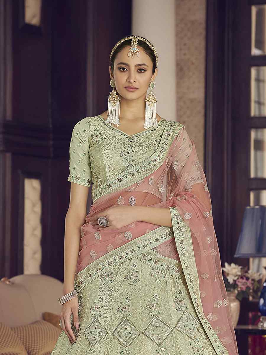 Pista Green Crepe Zari Sequins Bridal Bridesmaid Heavy Border Lehenga Choli
