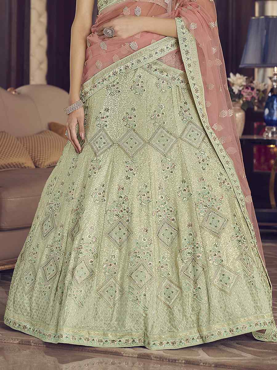 Pista Green Crepe Zari Sequins Bridal Bridesmaid Heavy Border Lehenga Choli