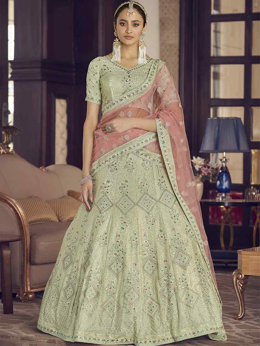 Pista Green Crepe Zari Sequins Bridal Bridesmaid Heavy Border Lehenga Choli