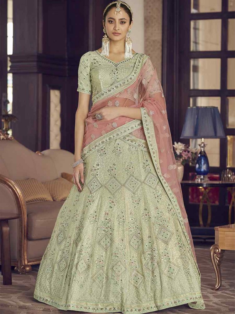 Pista Green Crepe Zari Sequins Bridal Bridesmaid Heavy Border Lehenga Choli