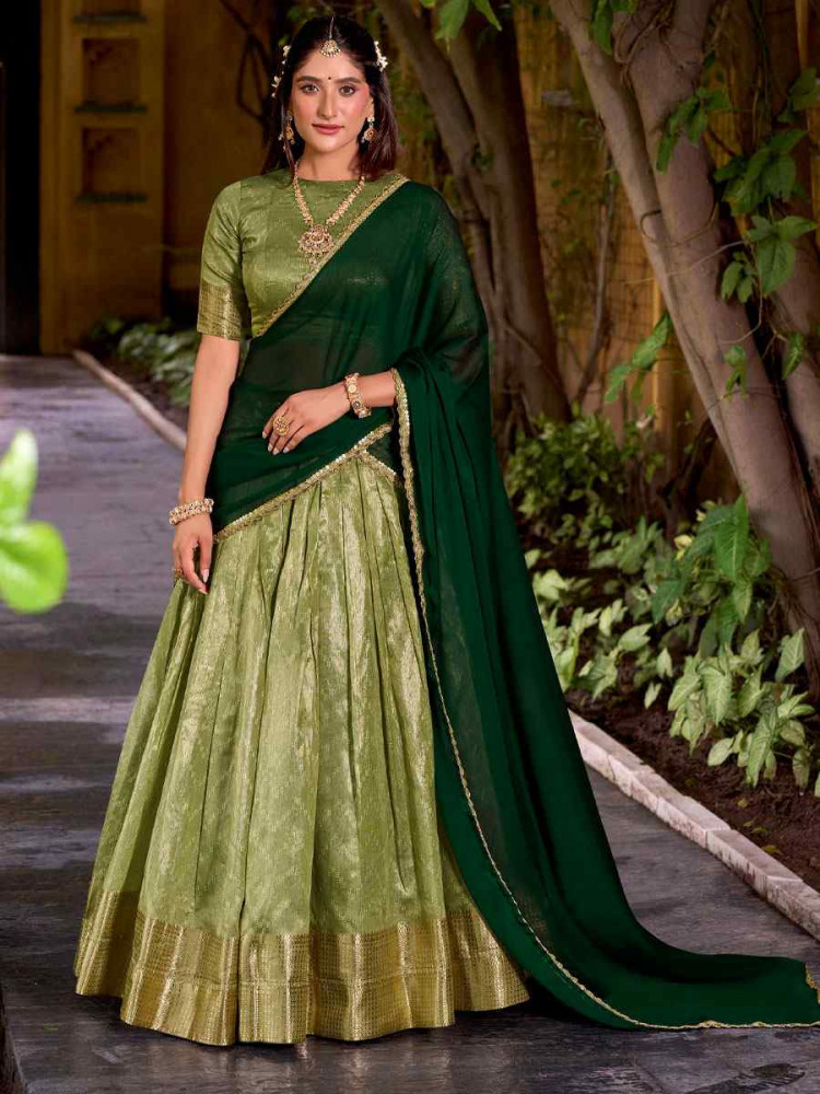 Image of Pista Green Dhupion Silk Zari Handwoven Wedding Reception Festival Heavy Border Lehenga Choli