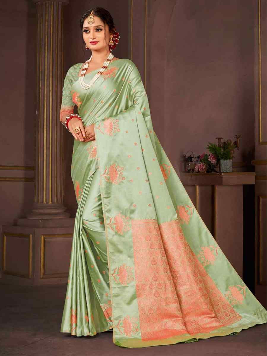 Pista Green Dyed Silk Handwoven Traditional Bridal Reception Festival Wedding Fancy Heavy Border Saree