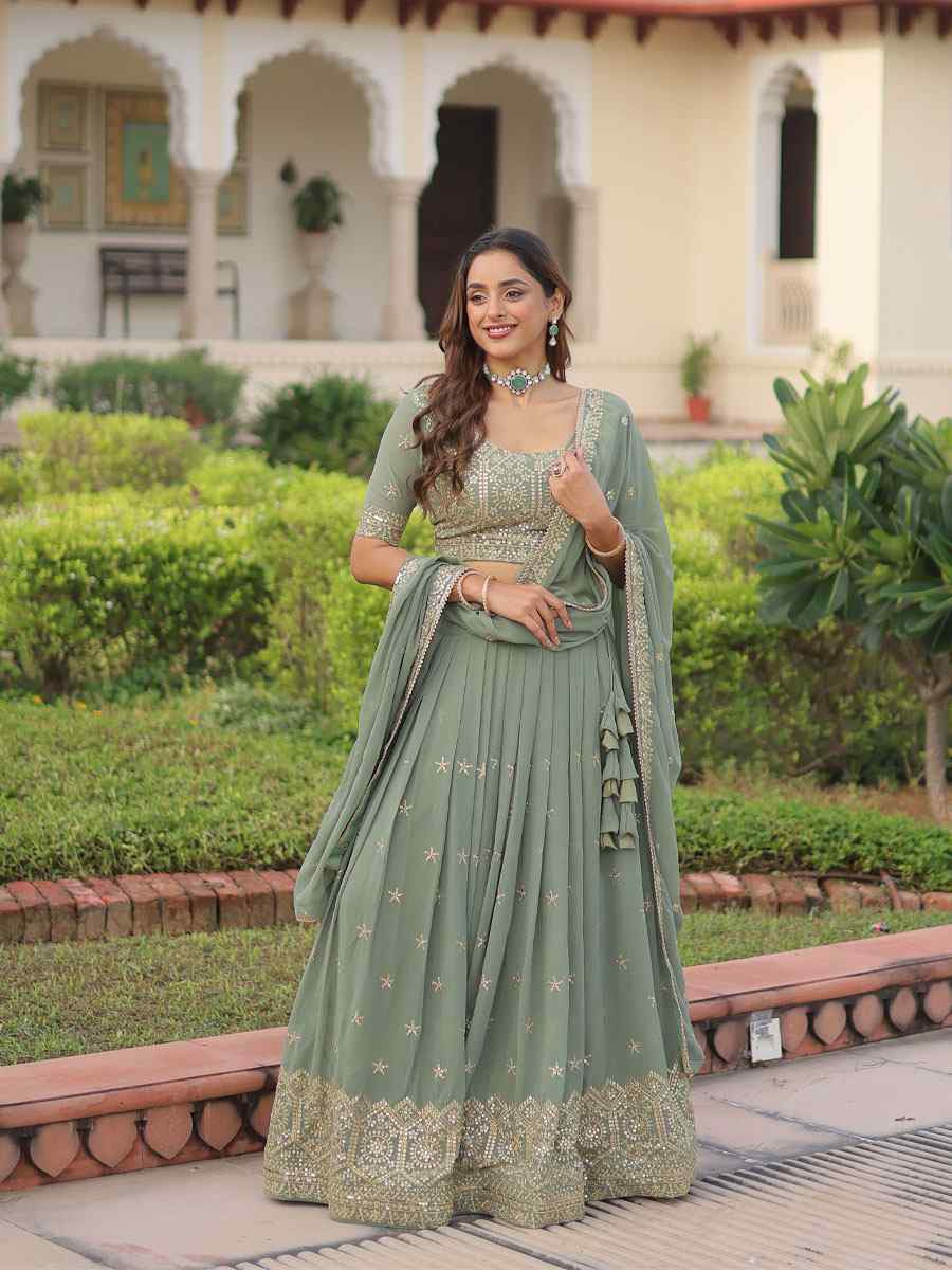 Pista Green Faux Georgette Embroidered Wedding Reception Festival Heavy Border Lehenga Choli