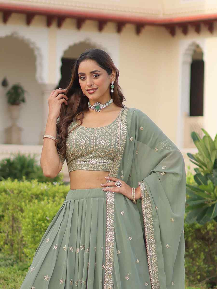 Pista Green Faux Georgette Embroidered Wedding Reception Festival Heavy Border Lehenga Choli