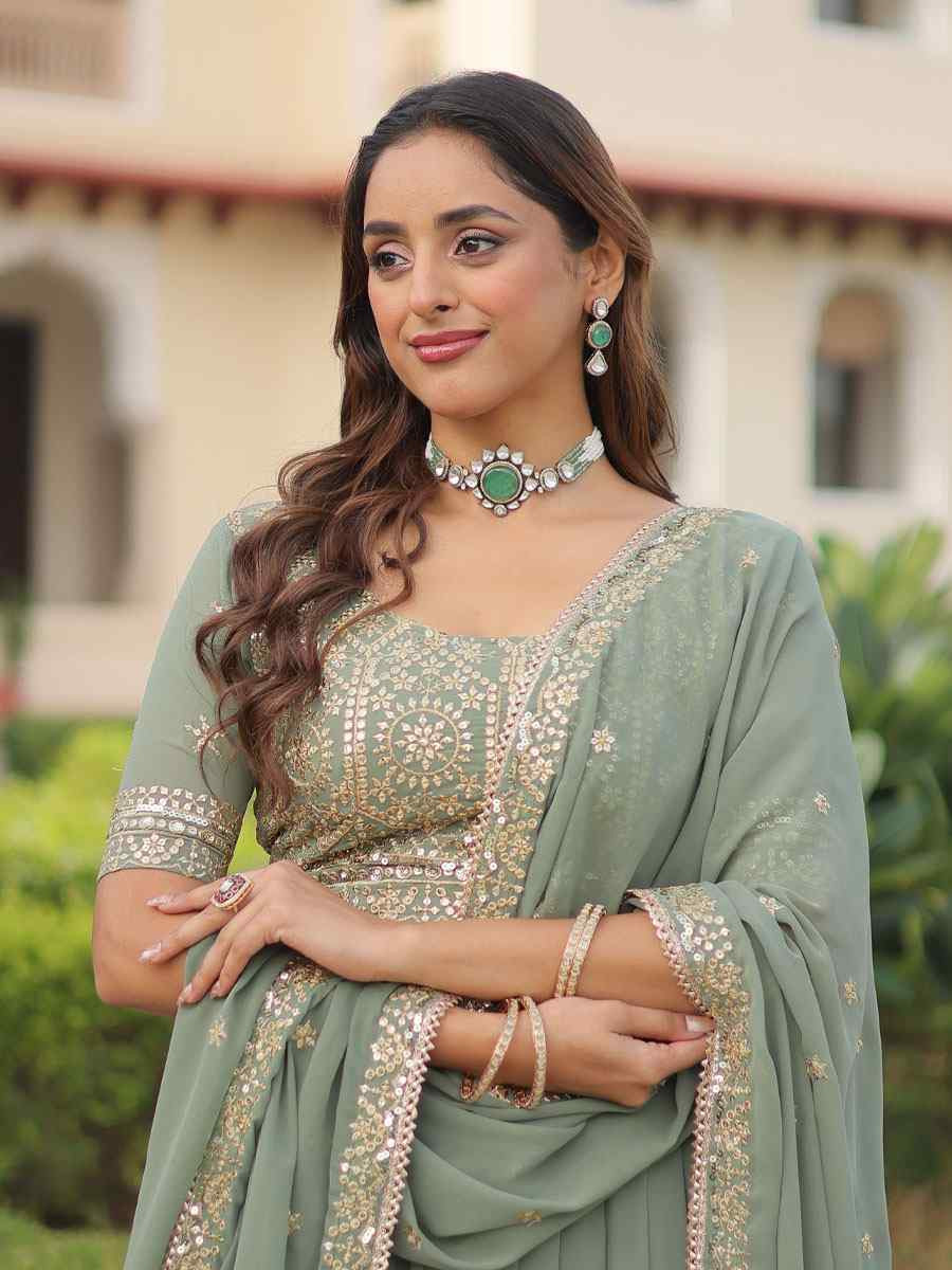 Pista Green Faux Georgette Embroidered Wedding Reception Festival Heavy Border Lehenga Choli