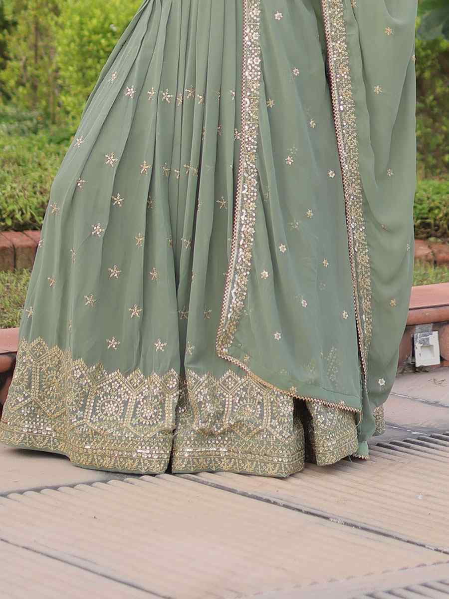 Pista Green Faux Georgette Embroidered Wedding Reception Festival Heavy Border Lehenga Choli