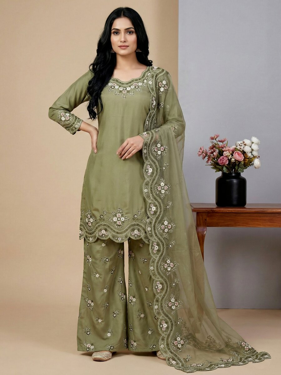 Pista Green French Crepe Silk Embroidery Sequins Zari Party Wedding Engagement Festival Ready Palazzo Pant Salwar Kameez