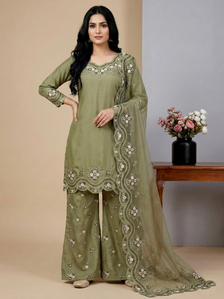 Image of Pista Green French Crepe Silk Embroidery Sequins Zari Party Wedding Engagement Festival Ready Palazzo Pant Salwar Kameez