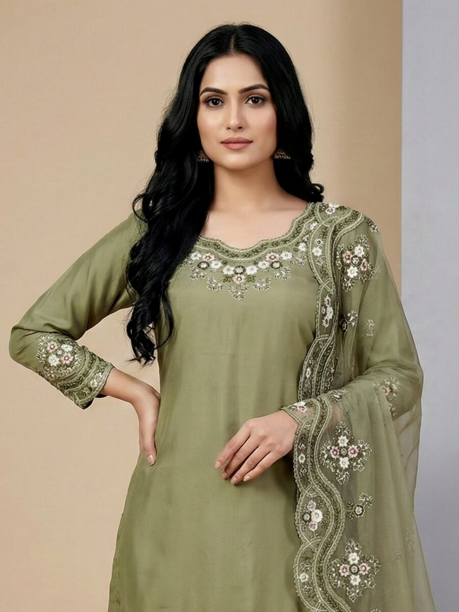 Pista Green French Crepe Silk Embroidery Sequins Zari Party Wedding Engagement Festival Ready Palazzo Pant Salwar Kameez