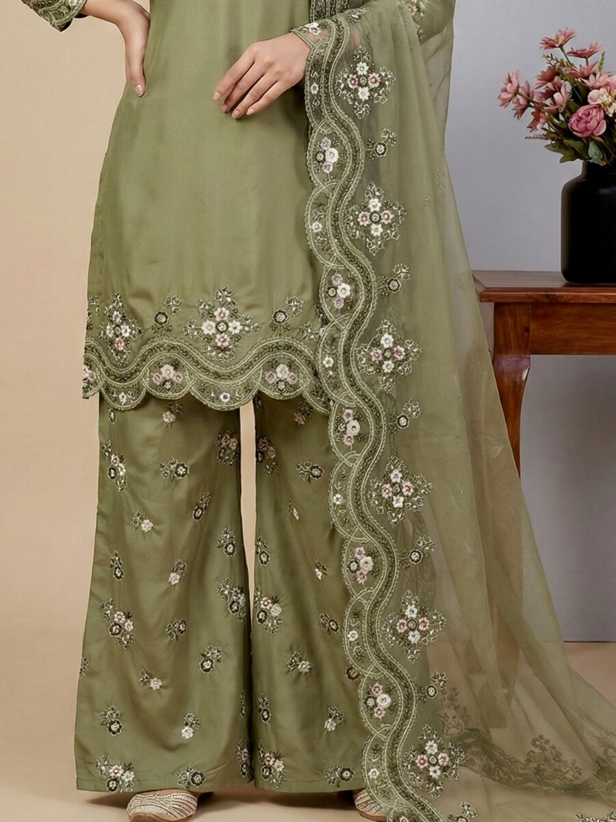 Pista Green French Crepe Silk Embroidery Sequins Zari Party Wedding Engagement Festival Ready Palazzo Pant Salwar Kameez