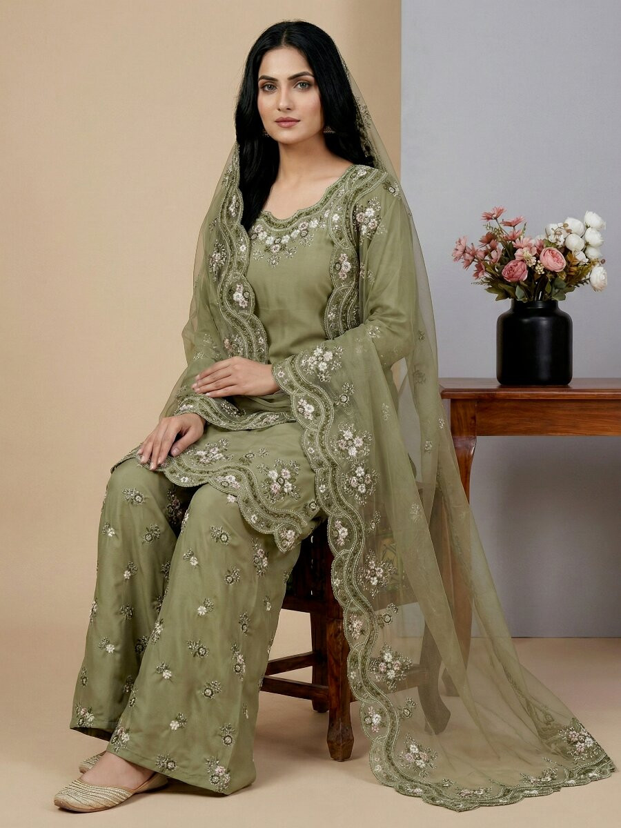 Pista Green French Crepe Silk Embroidery Sequins Zari Party Wedding Engagement Festival Ready Palazzo Pant Salwar Kameez