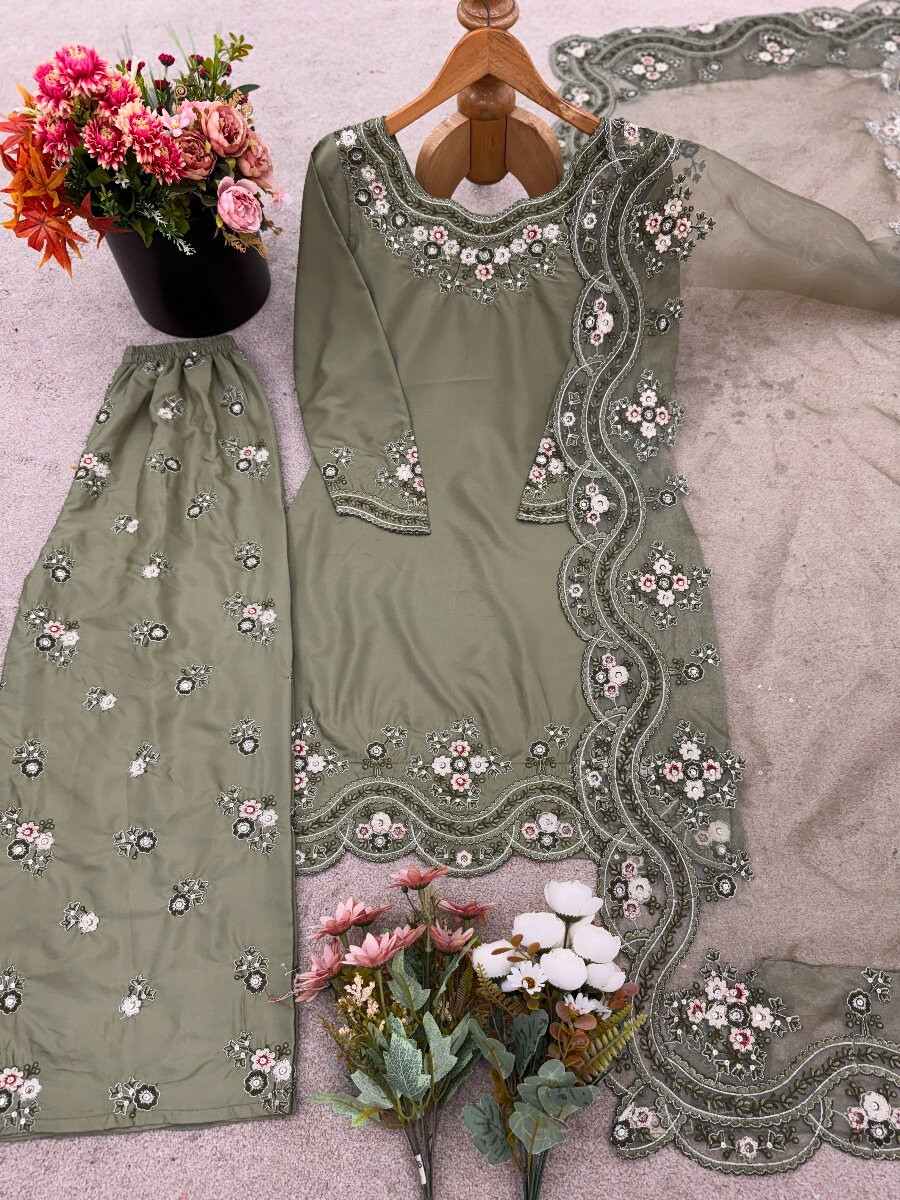 Pista Green French Crepe Silk Embroidery Sequins Zari Party Wedding Engagement Festival Ready Palazzo Pant Salwar Kameez