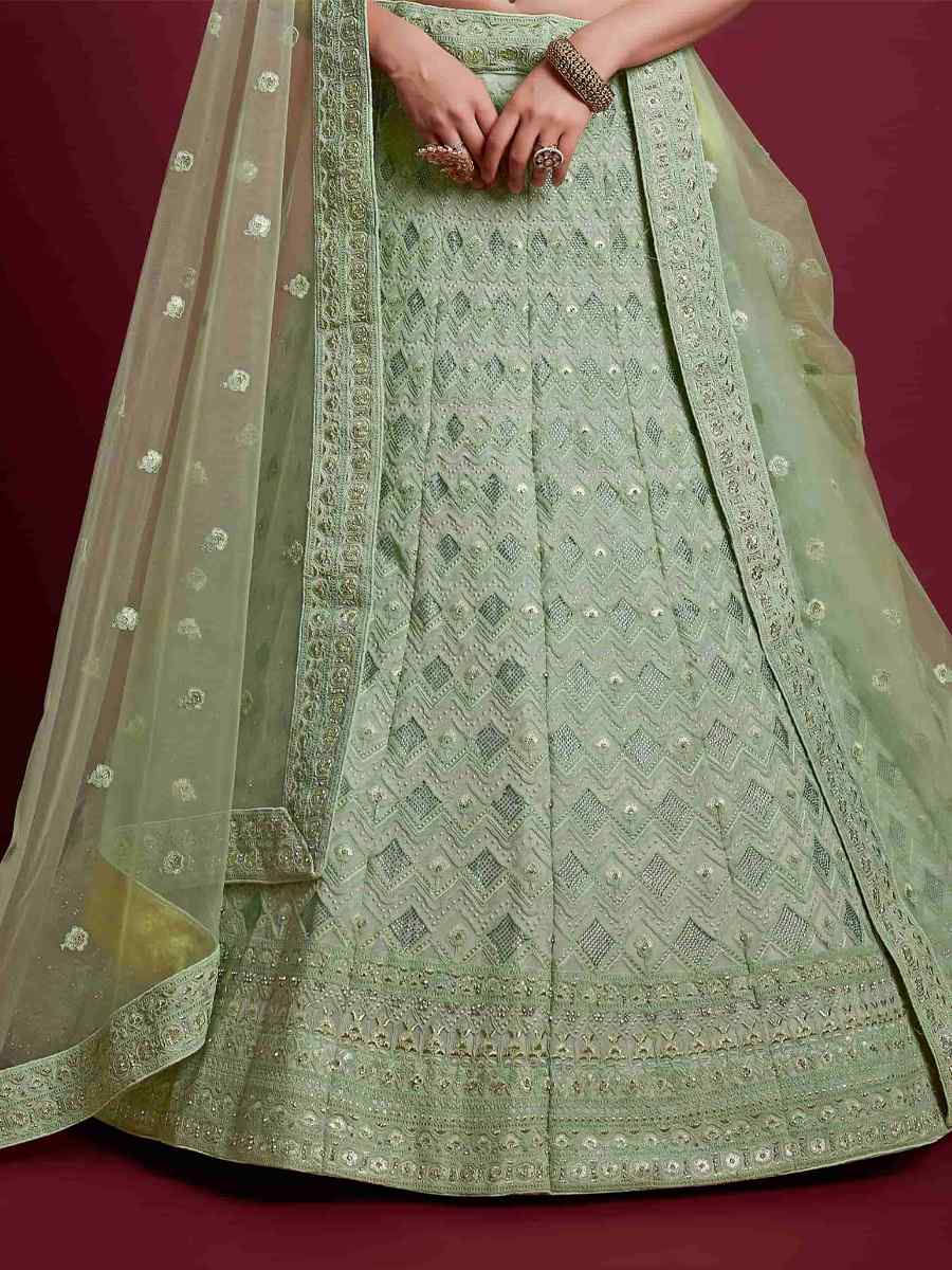 Pista Green Georgette Embroidered Bridal Wedding Heavy Border Lehenga Choli
