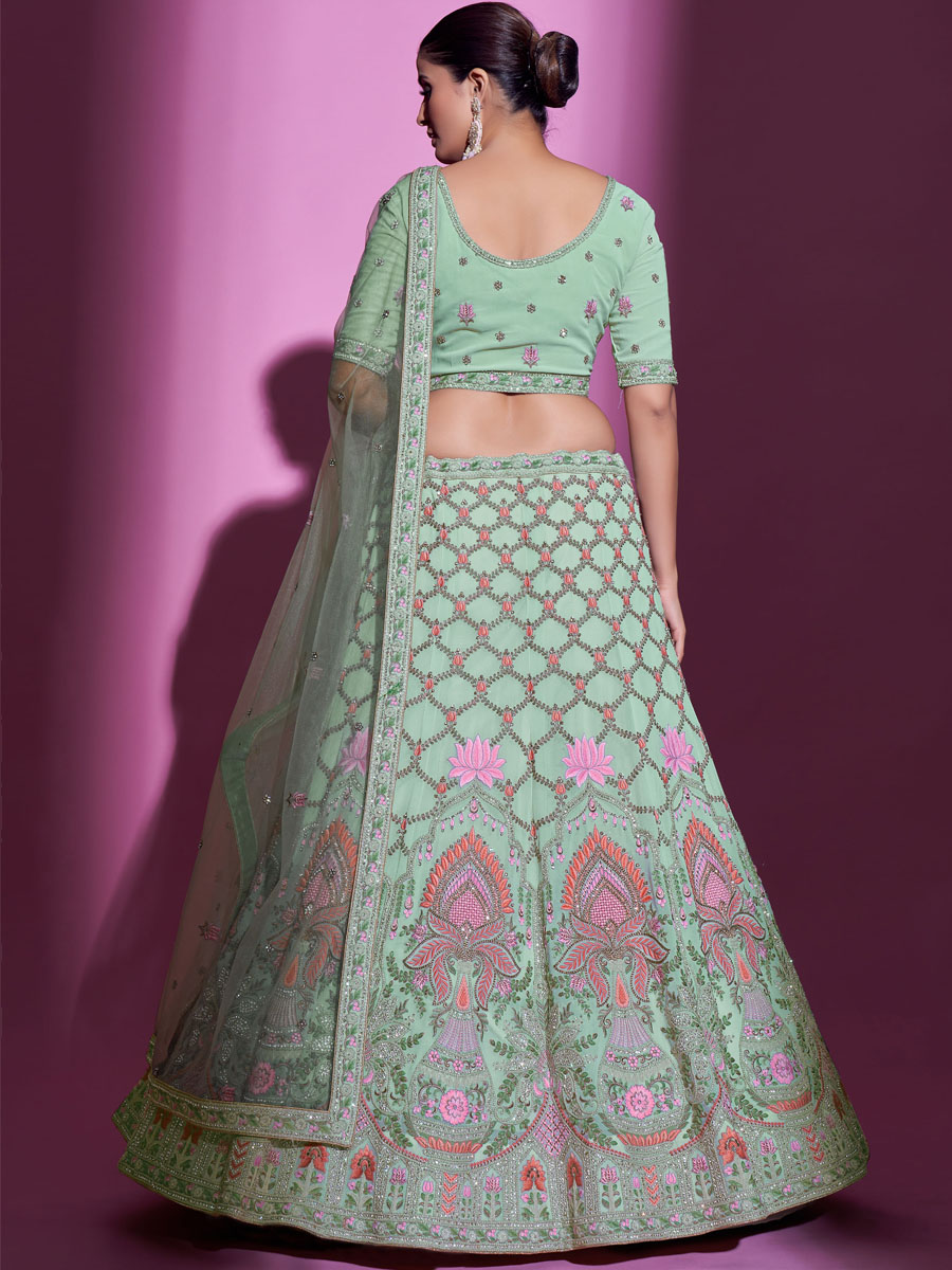 Pista Green Georgette Embroidered Bridal Wedding Heavy Border Lehenga Choli