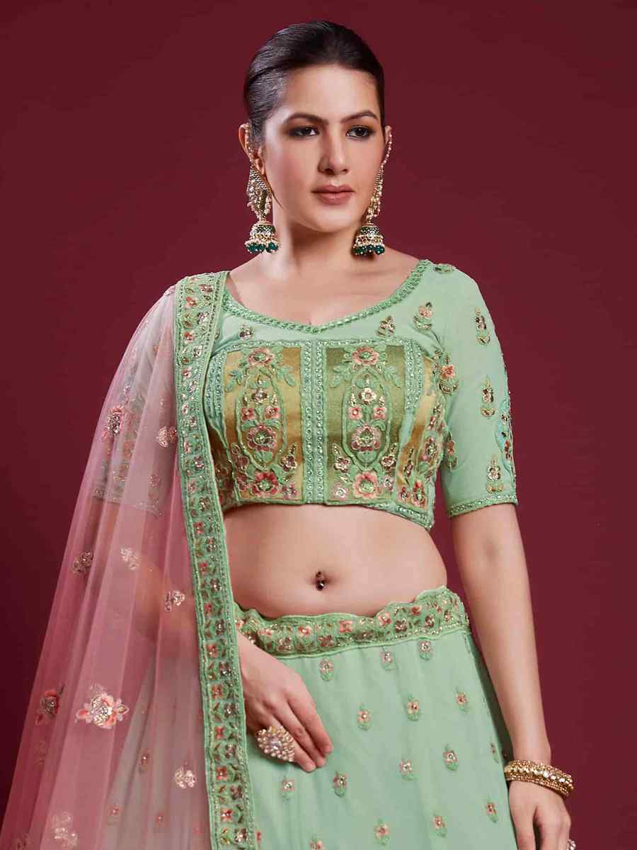 Pista Green Georgette Embroidered Bridal Wedding Heavy Border Lehenga Choli
