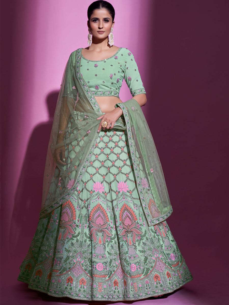 Pista Green Georgette Embroidered Bridal Wedding Heavy Border Lehenga Choli